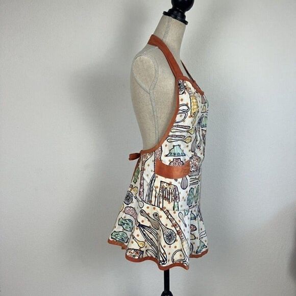 Retro Women Orange & Cream Apron Kitchen Garden Pocket Adjustable Cotton Pinup - Picture 5 of 9